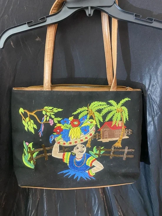 Hand-Embroidered Tropical Motif Tote Bag - Black - Picture 1 of 1